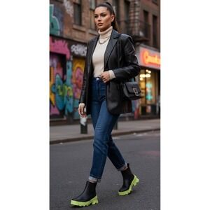 Sorel Brex Chelsea Boots Waterproof Black Neon Acid Green Lug Sole Women's 9.5